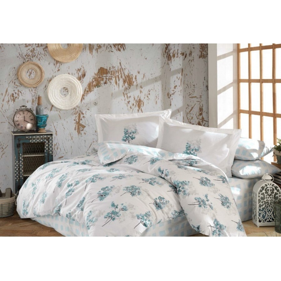 Lenjerie pat bumbac 100% poplin, 240 x 260 cm, 4 piese, Hobby Home, Trella - Turquoise