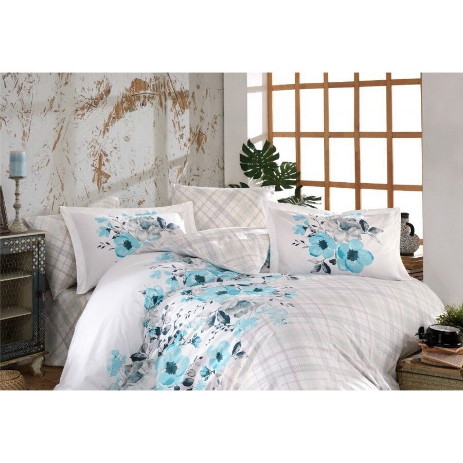 Lenjerie pat bumbac 100% poplin, 240 x 260 cm, 4 piese, Hobby Home, Belinda - Blue