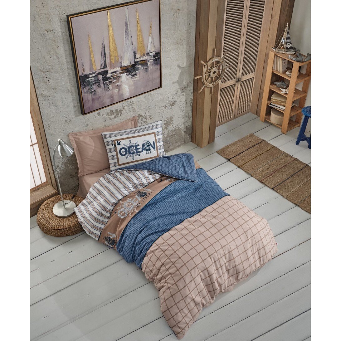 Set Lenjerie pat 1 persoana bumbac 100 ranforce, 3 piese, cearceaf cu elastic, Cotton Box, Ocean