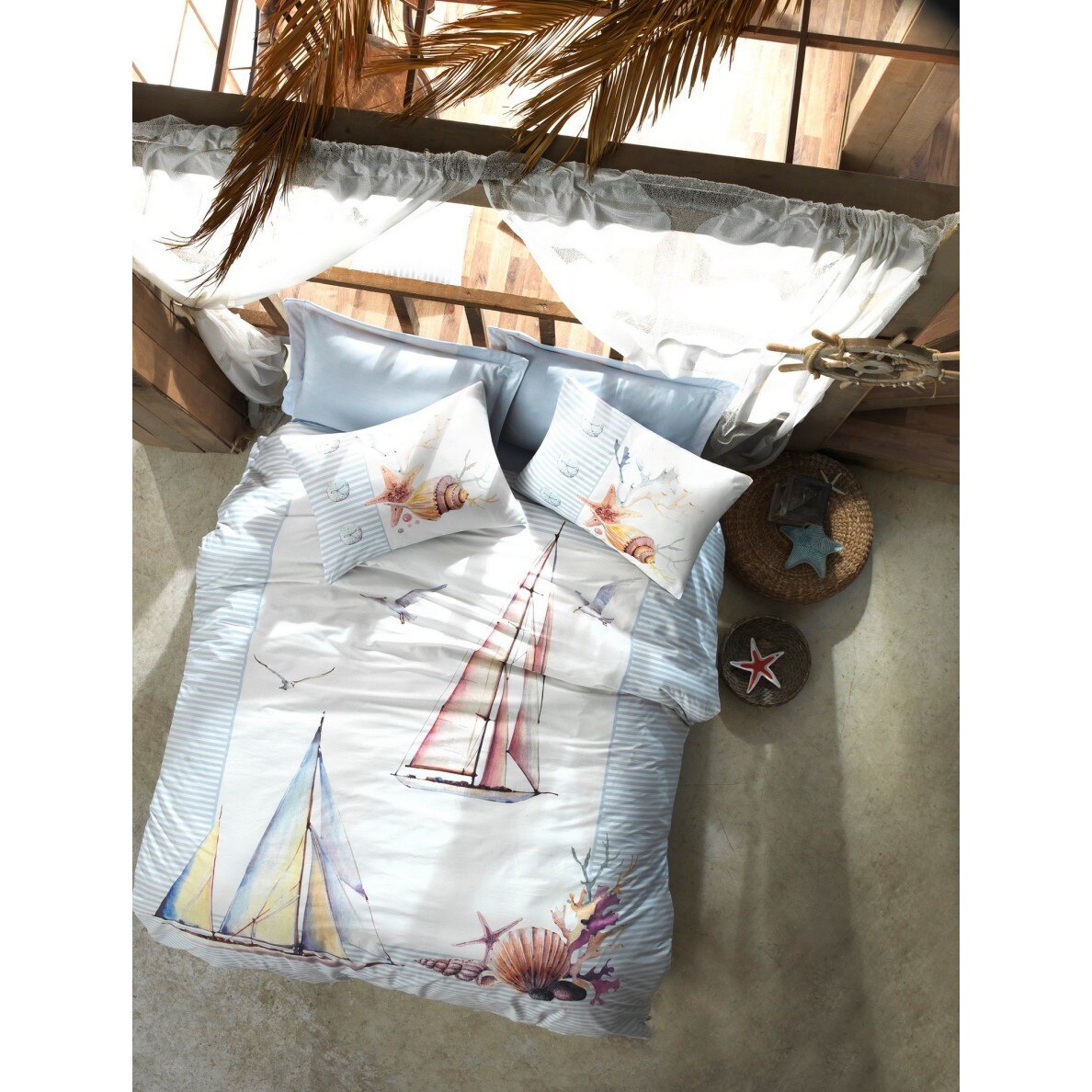 Set Lenjerie pat 1 persoana bumbac 100% ranforce, 3 piese, 160x240 cm, Cotton Box, Yacht Blue