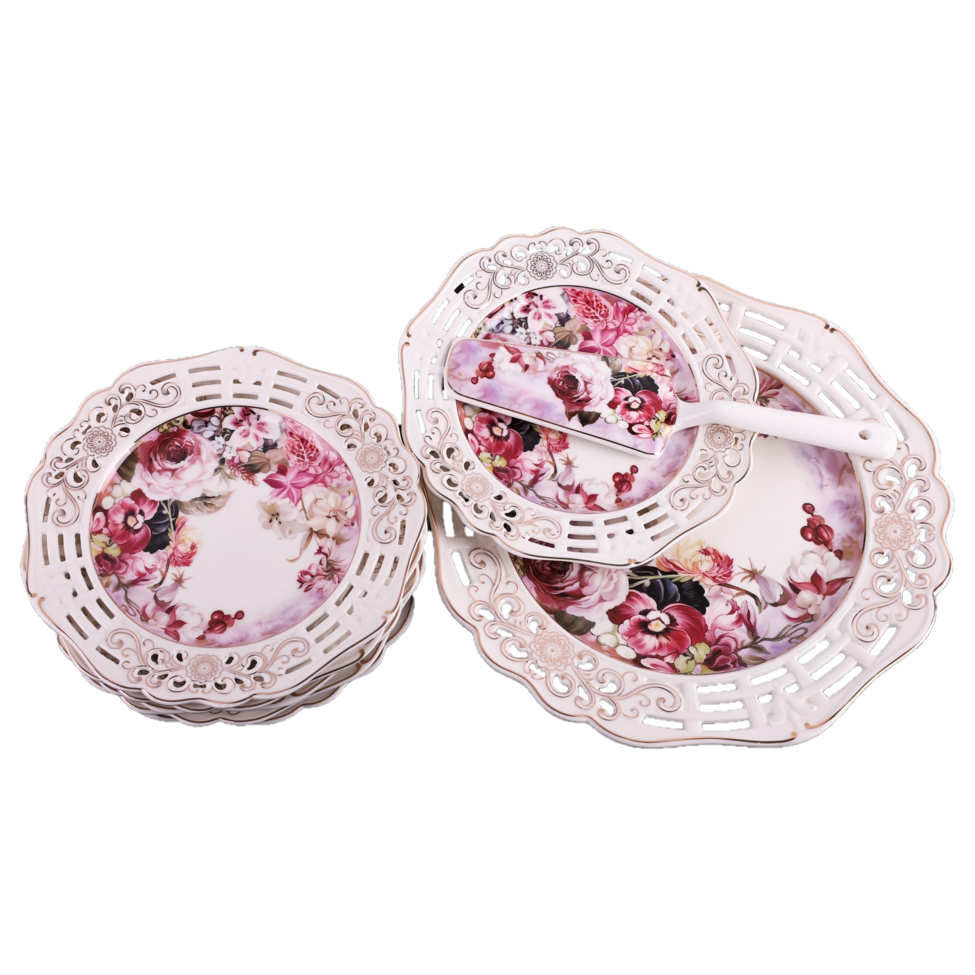 Set tort elegant, 8 piese, forma rotunda, margine dantelata