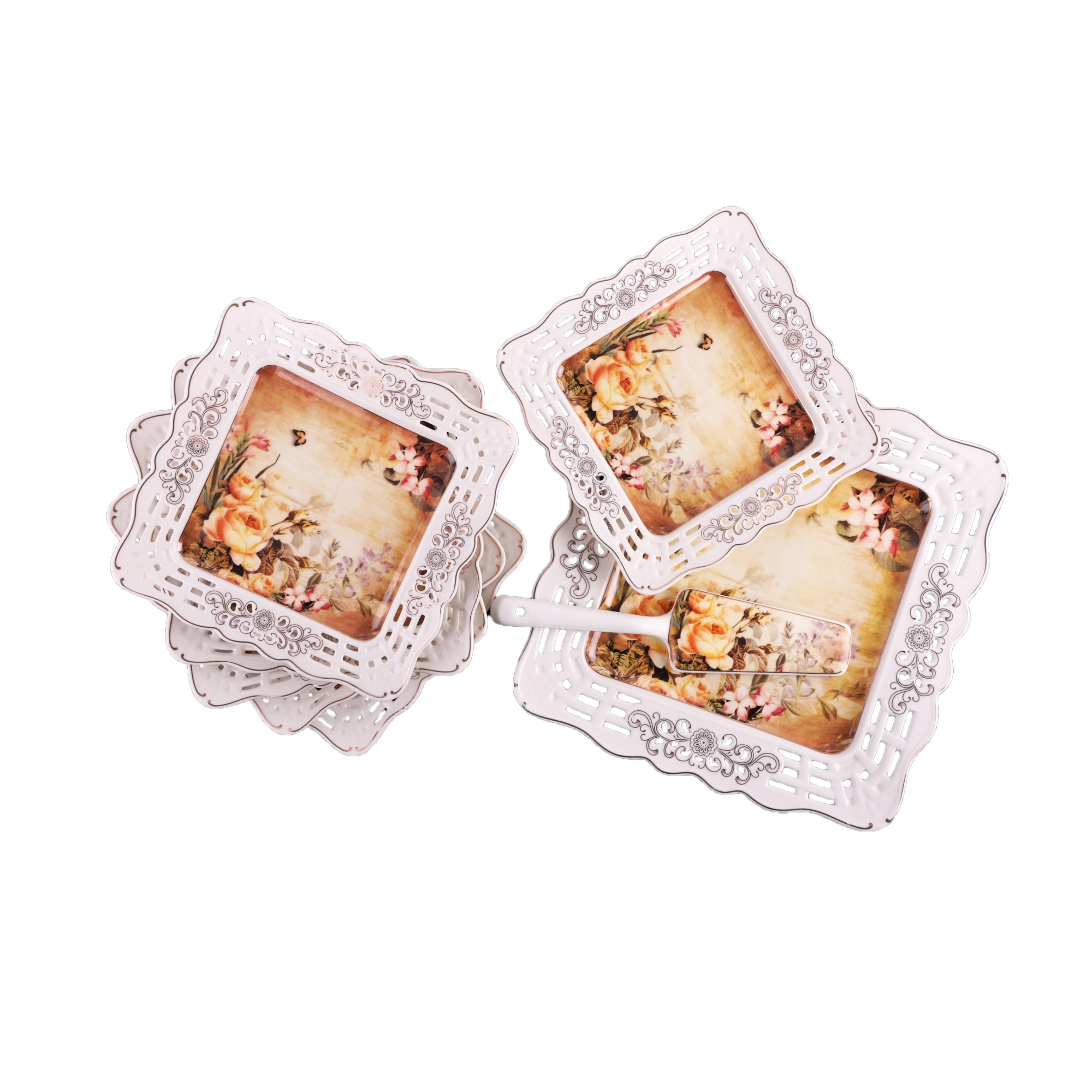 Set tort elegant, 8 piese, cu margine dantelata, portelan, forma patrata