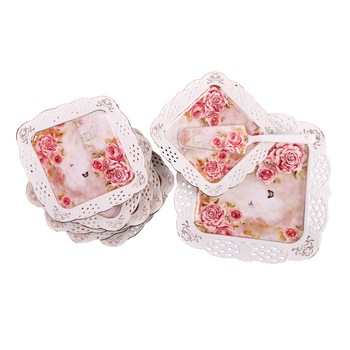 Set tort elegant, 8 piese, forma patrata, margine dantelata, portelan Set tort elegant, 8 piese, forma patrata, margine dantelata, portelan