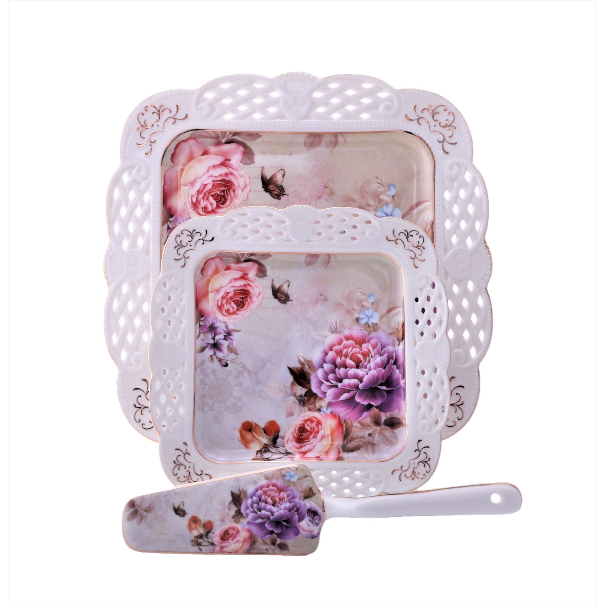 Set tort elegant, 8 piese, forma patrata, margine dantelata, G