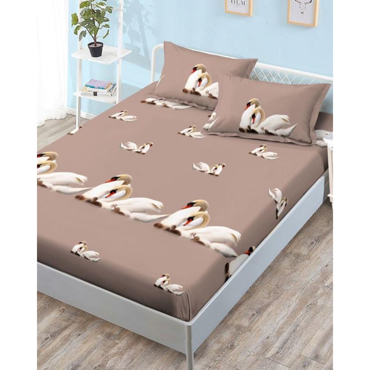 Husa de Pat cu Elastic cu 2 Fete de Perna pentru Pat Dublu, Finet, Lebede, HBFJ-97