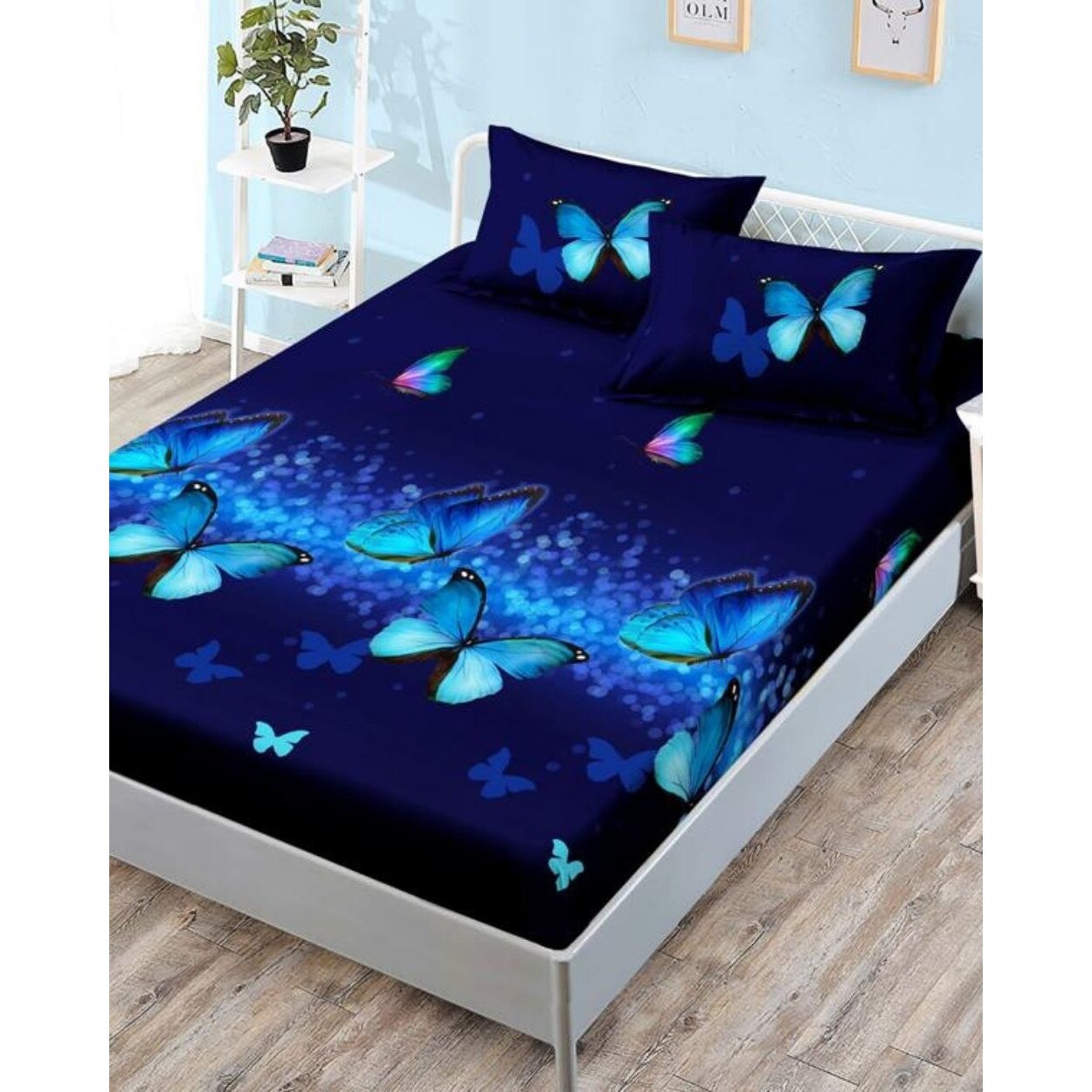 Husa de Pat cu Elastic cu 2 Fete de Perna pentru Pat Dublu, Finet, Fluturi Albastrii, HBFJ-98