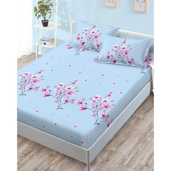 Husa de Pat cu Elastic cu 2 Fete de Perna pentru Pat Dublu, Finet, Pink Flowers, HBFJ-101 Husa de Pat cu Elastic cu 2 Fete de Perna pentru Pat Dublu, Finet, Pink Flowers, HBFJ-101