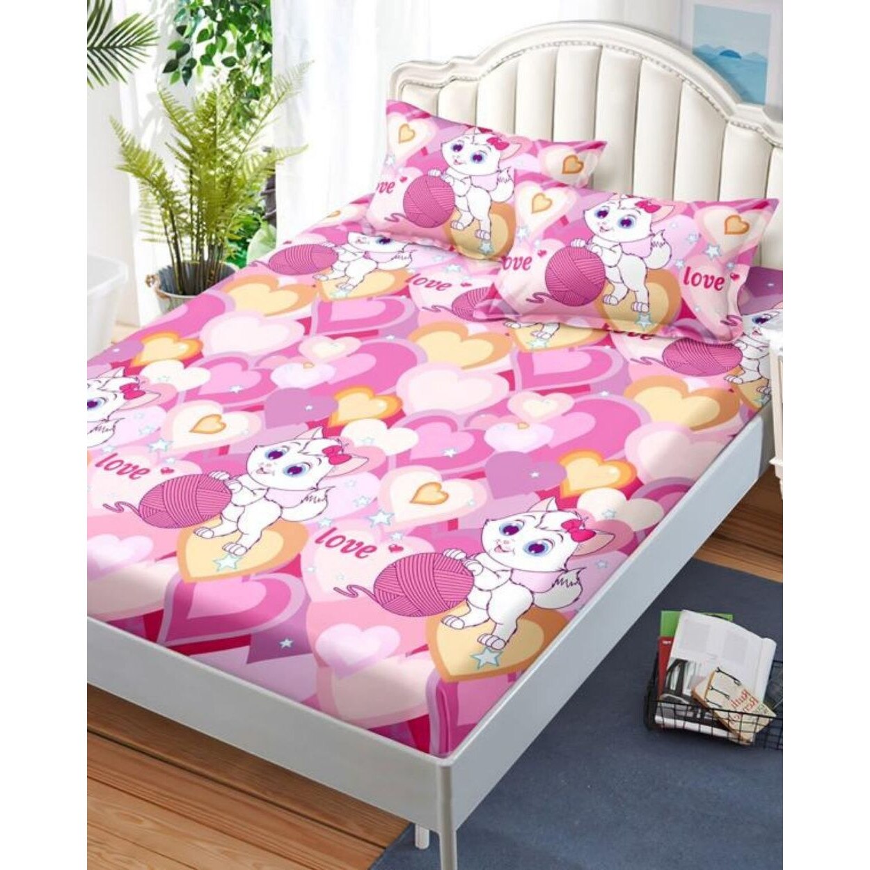 Husa de Pat cu Elastic cu 2 Fete de Perna pentru Pat Dublu, Finet, Love Pink Cat, HBFJ-99