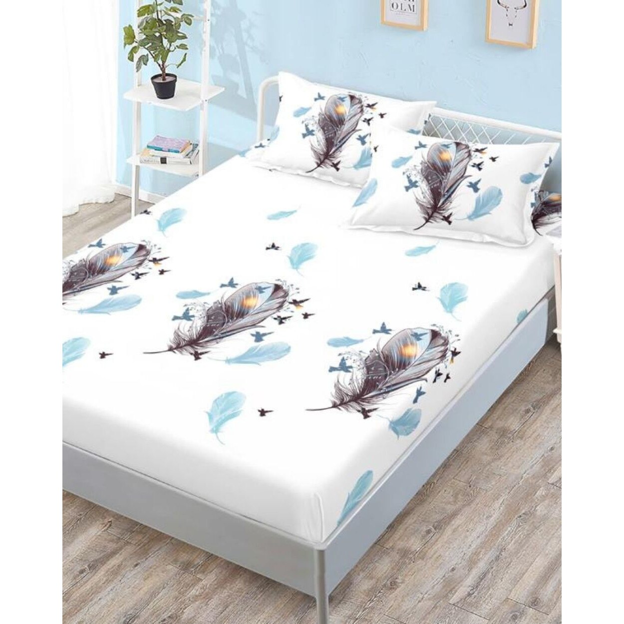 Husa de Pat cu Elastic cu 2 Fete de Perna pentru Pat Dublu, Finet, Gray and Blue Feathers, HBFJ-103