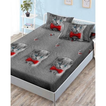 Husa de Pat cu Elastic cu 2 Fete de Perna pentru Pat Dublu, Finet, Gray Cat, HBFJ-102 Husa de Pat cu Elastic cu 2 Fete de Perna pentru Pat Dublu, Finet, Gray Cat, HBFJ-102