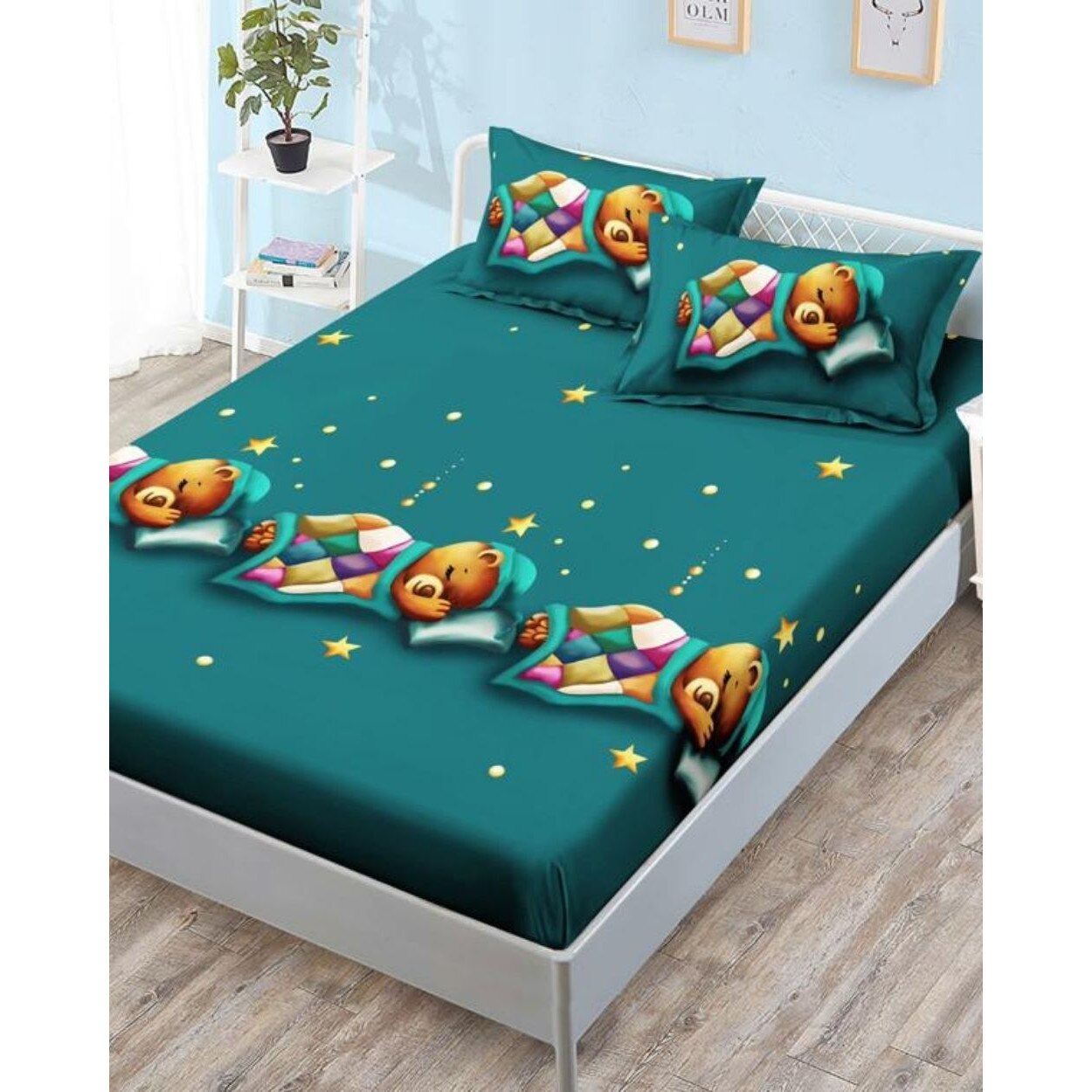 Husa de Pat cu Elastic cu 2 Fete de Perna pentru Pat Dublu, Finet, Bear Sleeping, HBFJ-106