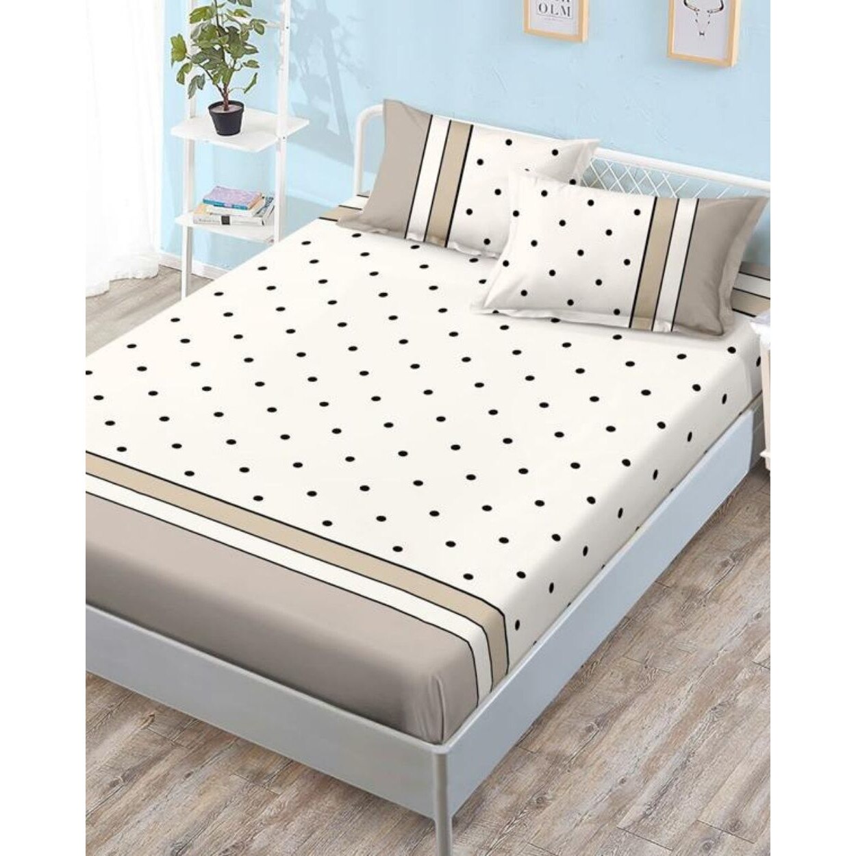 Husa de Pat cu Elastic cu 2 Fete de Perna pentru Pat Dublu, Finet, Black Dots, HBFJ-107