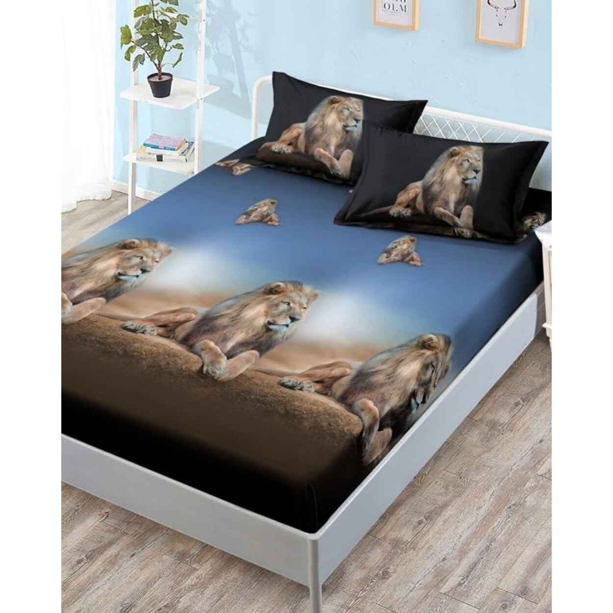 Husa de Pat cu Elastic cu 2 Fete de Perna pentru Pat Dublu, Finet, Lion, HBFJ-104