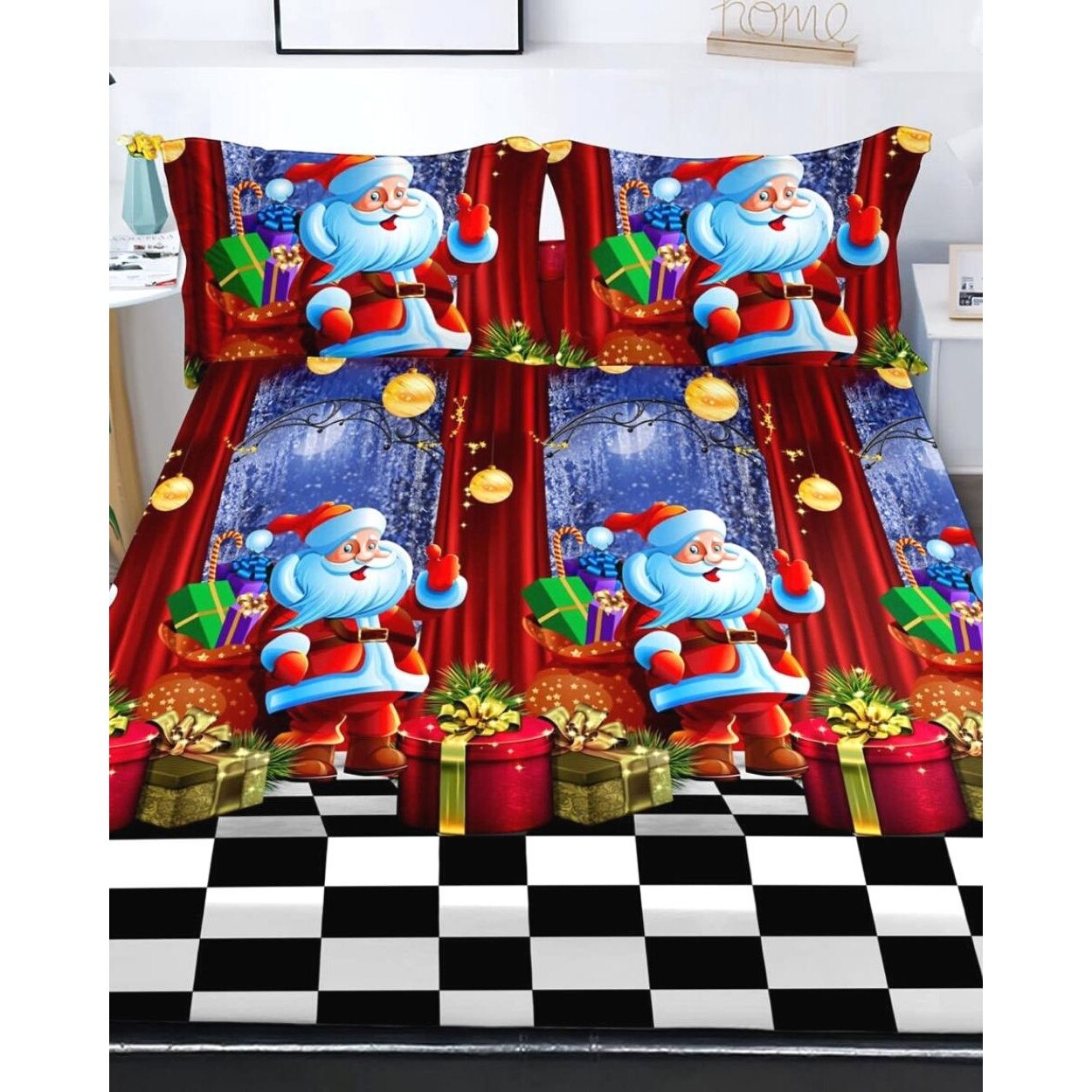 Husa de Pat cu Elastic cu 2 Fete de Perna pentru Pat Dublu, Finet, Santa Gift, HBFJC-01