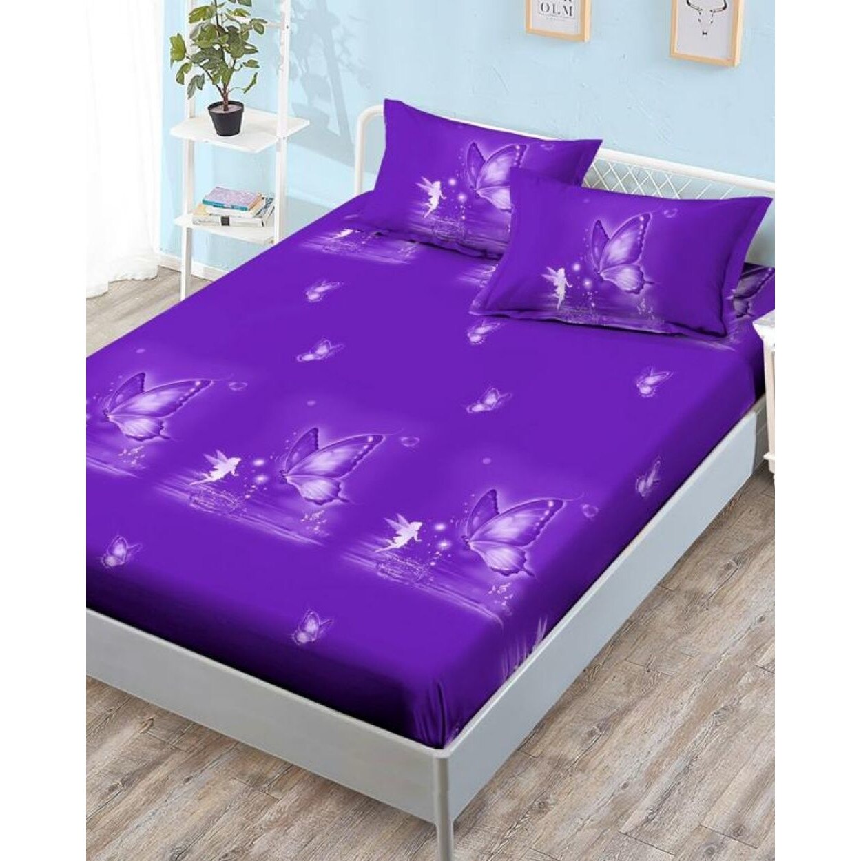 Husa de Pat cu Elastic cu 2 Fete de Perna pentru Pat Dublu, Finet, Purple Butterflies, HBFJ-109