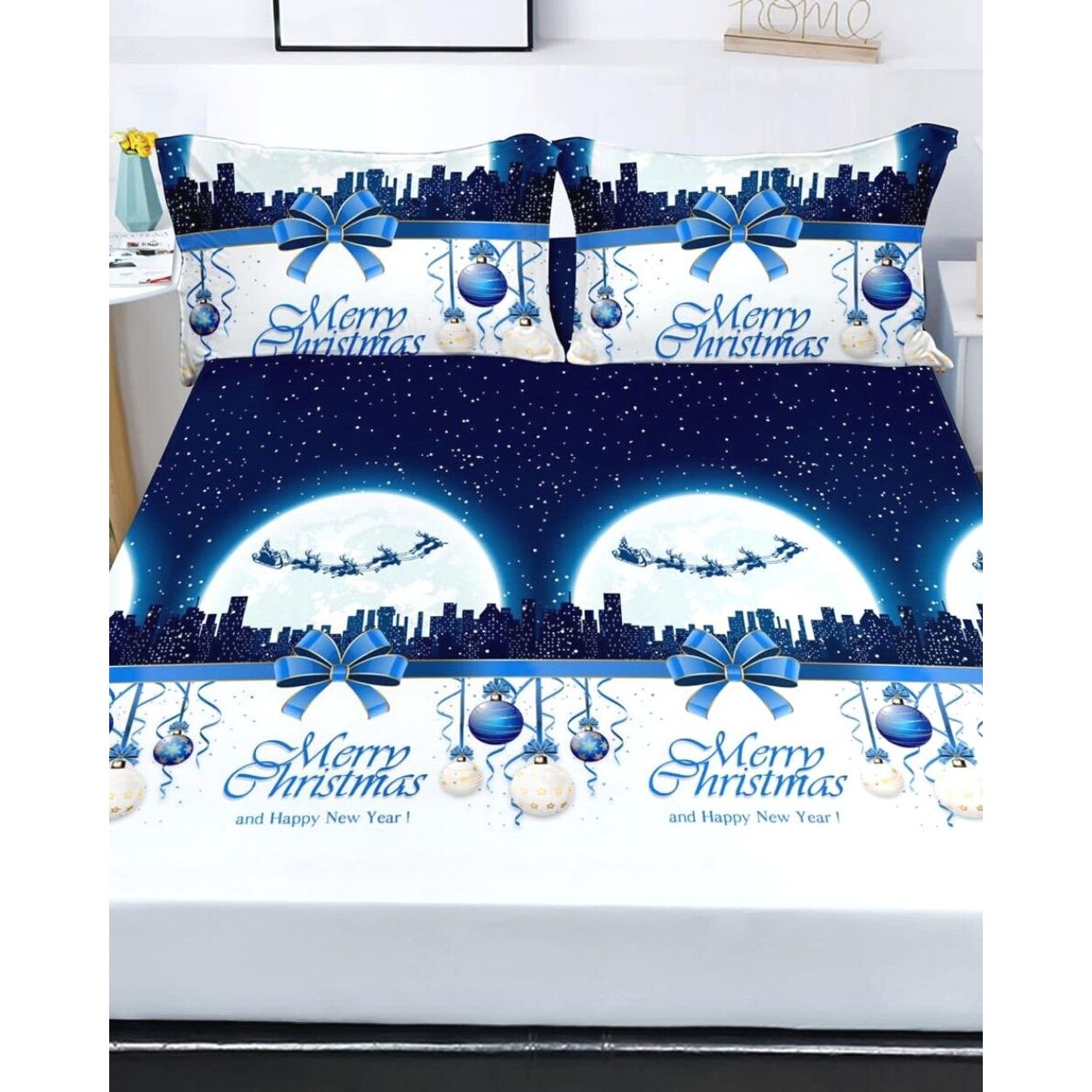 Husa de Pat cu Elastic cu 2 Fete de Perna pentru Pat Dublu, Finet, Christmas Moon, HBFJC-04