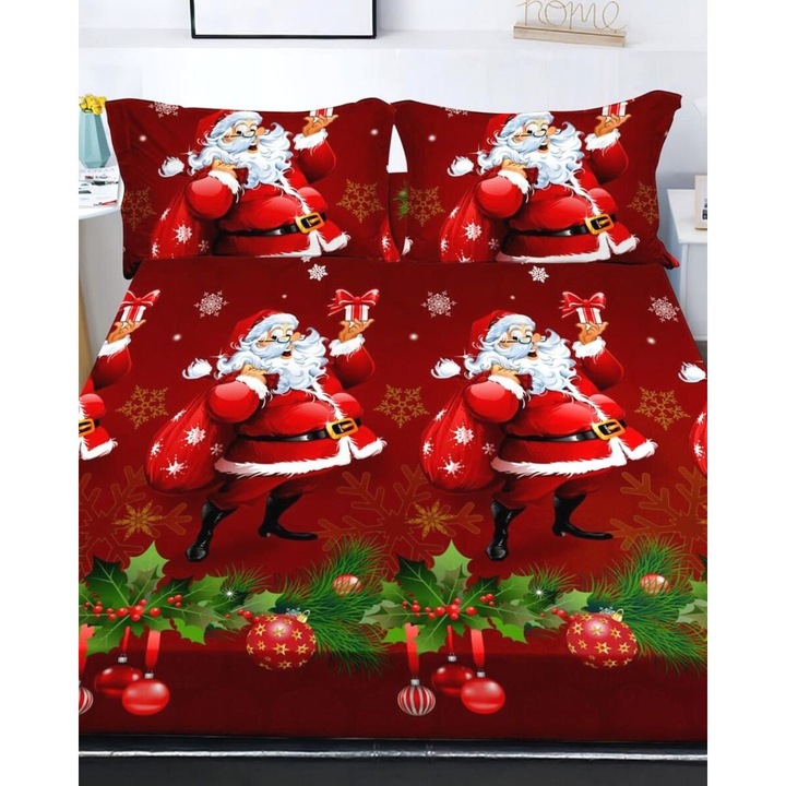 Еластична покривка за легло с 2 калъфки за двойно легло, Finet, чантата на Дядо Коледа, HBFJC-07