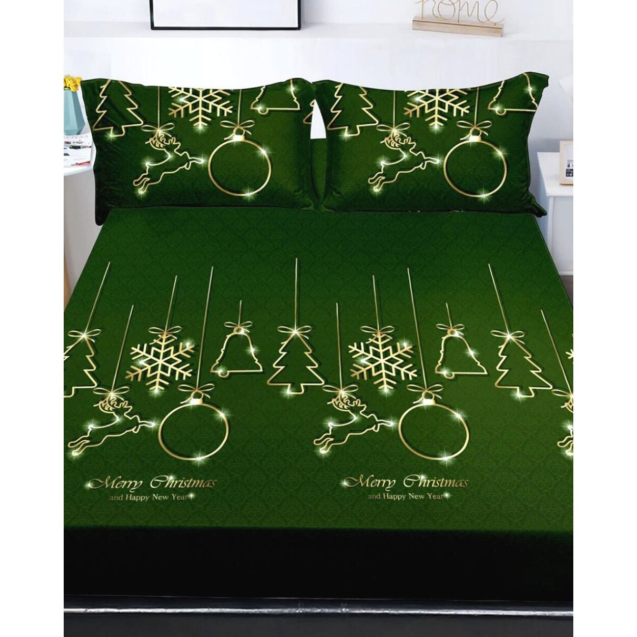 Husa de Pat cu Elastic cu 2 Fete de Perna pentru Pat Dublu, Finet, Happy New Year, HBFJC-08