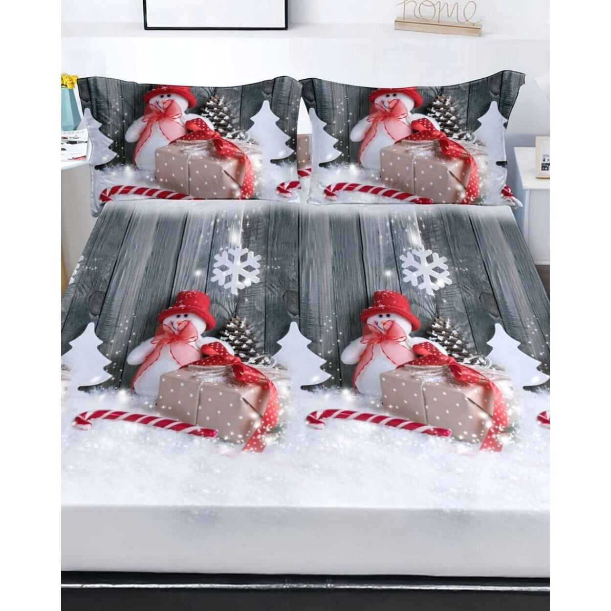 Husa de Pat cu Elastic cu 2 Fete de Perna pentru Pat Dublu, Finet, Snowman Gift, HBFJC-10