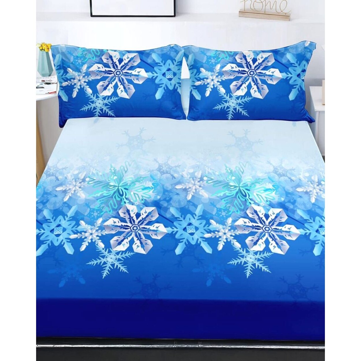 Husa de Pat cu Elastic cu 2 Fete de Perna pentru Pat Dublu, Finet, Blue and White Flakes, HBFJC-15