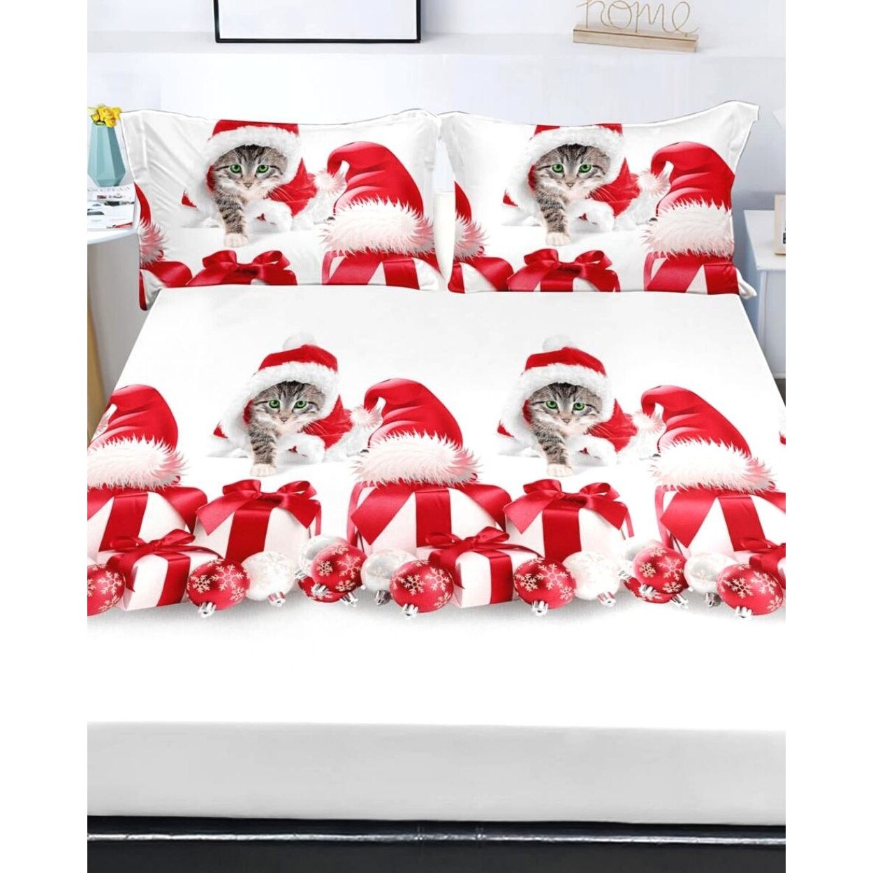 Husa de Pat cu Elastic cu 2 Fete de Perna pentru Pat Dublu, Finet, Cat Gift, HBFJC-14