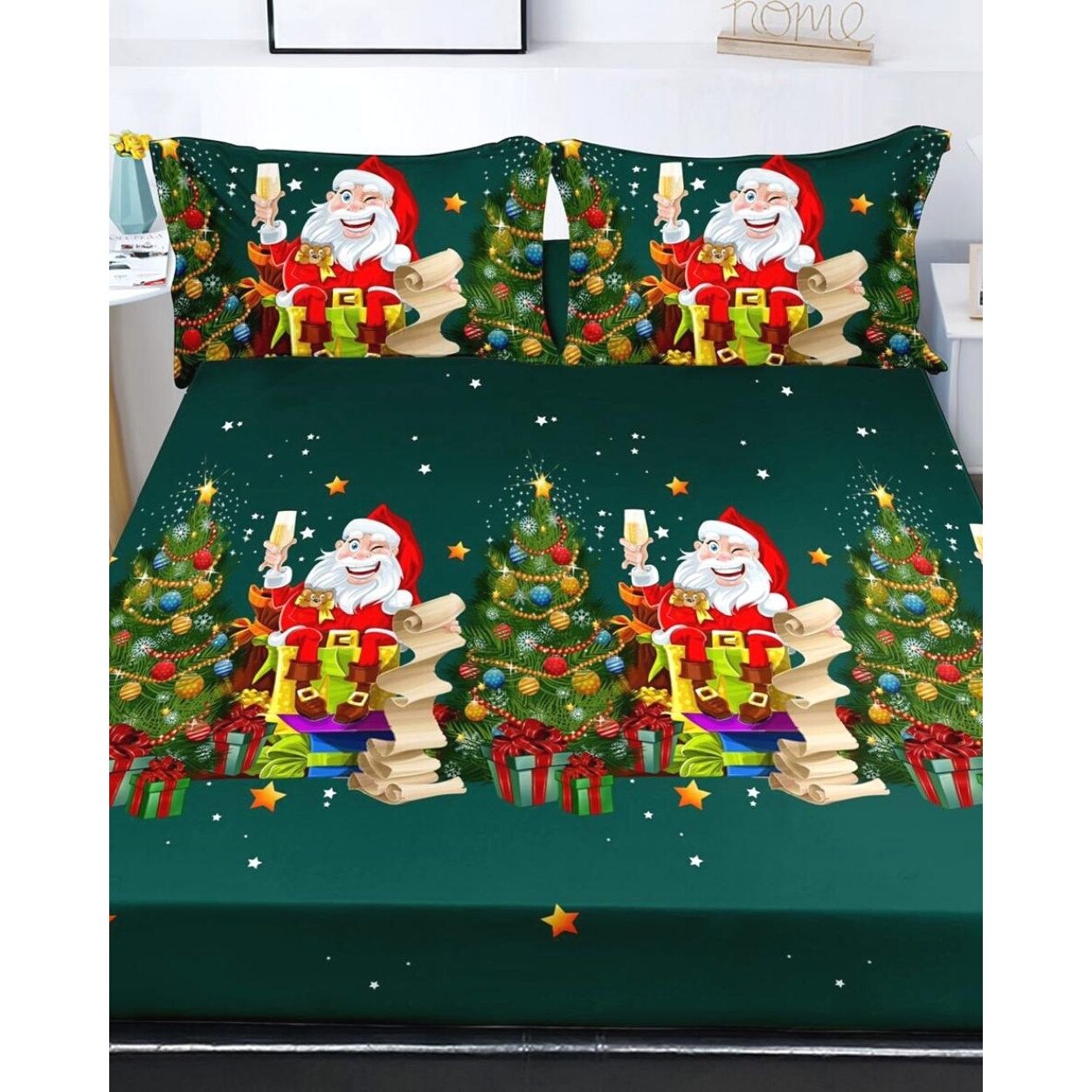 Husa de Pat cu Elastic cu 2 Fete de Perna pentru Pat Dublu, Santa's Wishes, HBFJC-22