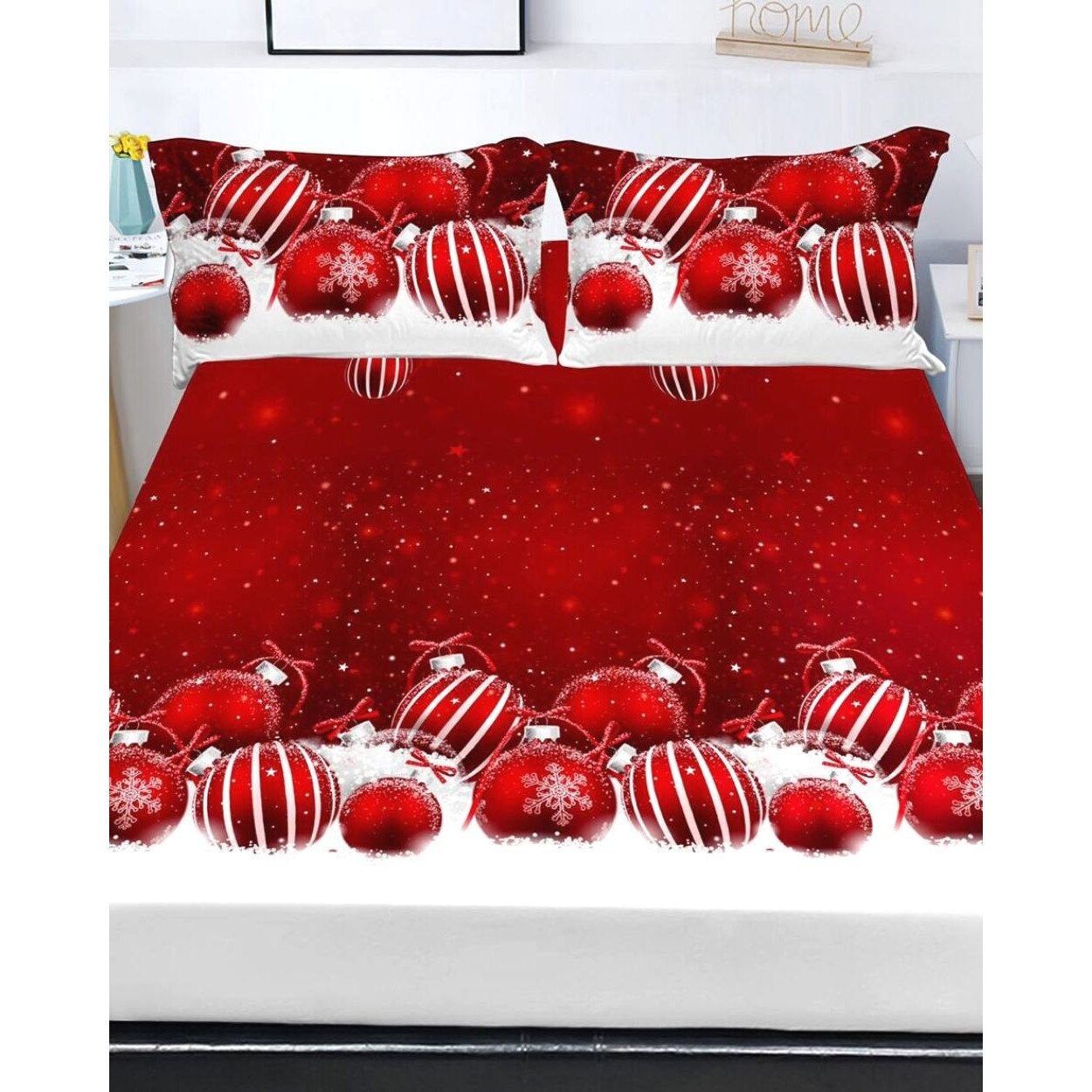 Husa de Pat cu Elastic cu 2 Fete de Perna pentru Pat Dublu, Red Globes, HBFJC-18