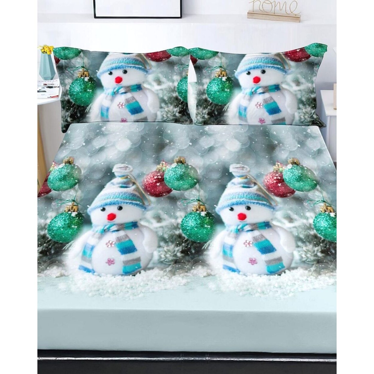 Husa de Pat cu Elastic cu 2 Fete de Perna pentru Pat Dublu, Kid Snowman, HBFJC-23