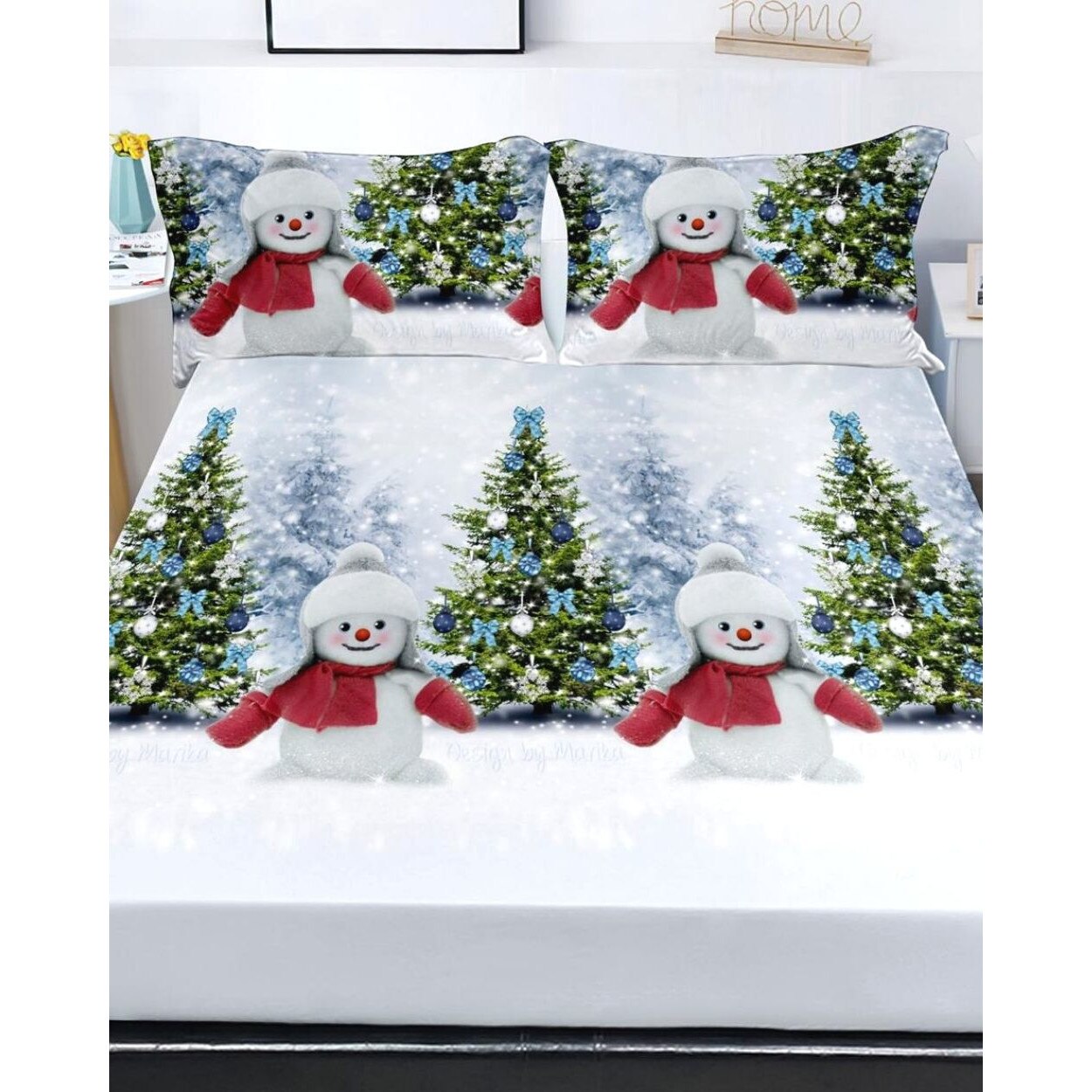 Husa de Pat cu Elastic cu 2 Fete de Perna pentru Pat Dublu, Om de Zapada, HBFJC-21