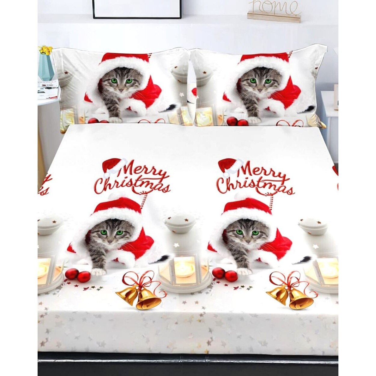 Husa de Pat cu Elastic cu 2 Fete de Perna pentru Pat Dublu, Finet, Gift Cat V2, HBFJC-16