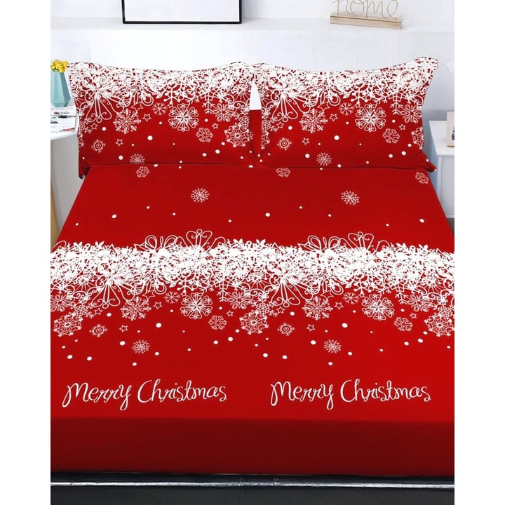 Еластична покривка за легло с 2 калъфки за двойно легло, Весела Коледа V2, HBFJC-20