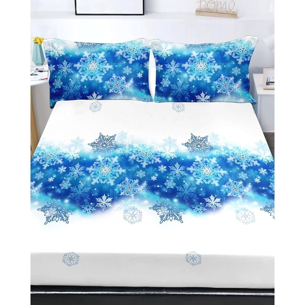 Husa de Pat cu Elastic cu 2 Fete de Perna pentru Pat Dublu, Finet, White Flakes, HBFJC-09
