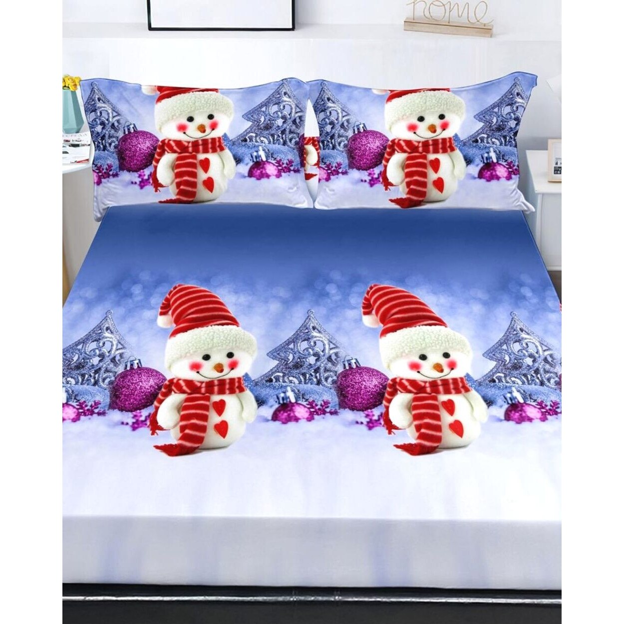 Husa de Pat cu Elastic cu 2 Fete de Perna pentru Pat Dublu, Love Snowman, HBFJC-24
