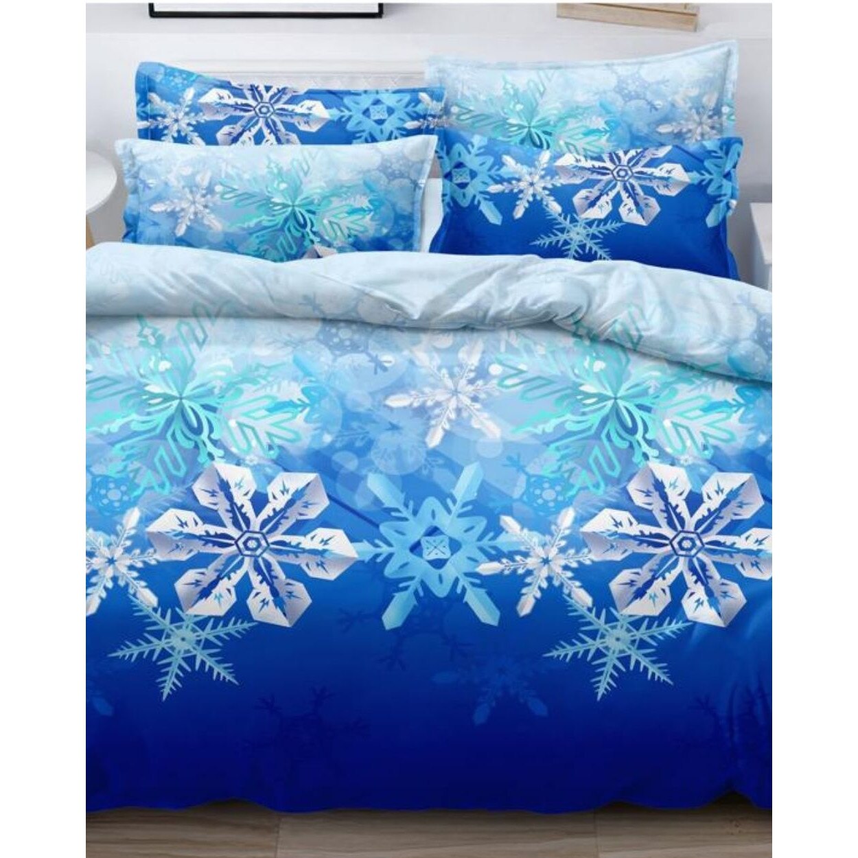 Set Lenjerie Finet Mos Craciun, 6 Piese, Pat 2 Persoane, Blue Snowflakes, FNQ-37