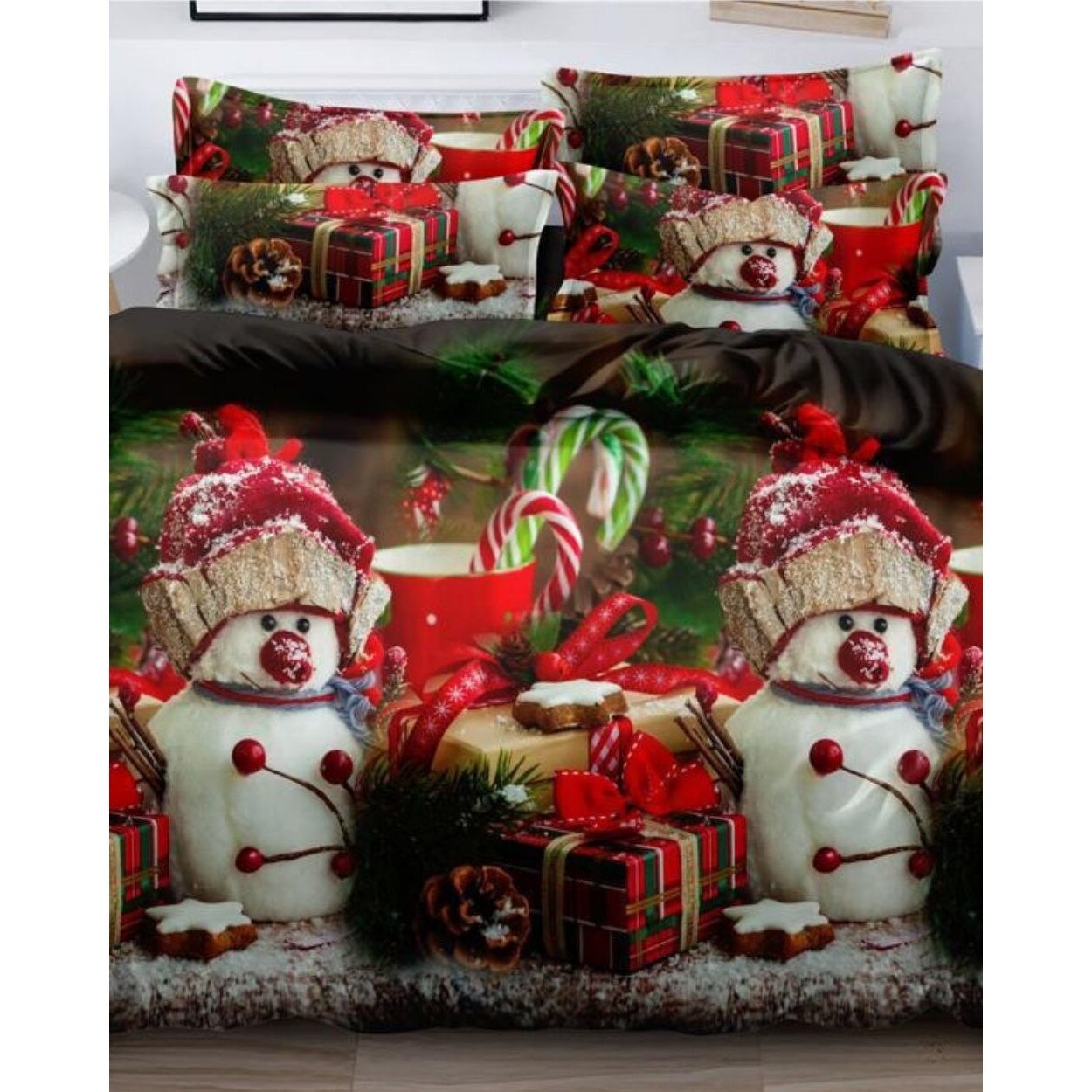 Set Lenjerie Finet Mos Craciun, 6 Piese, Pat 2 Persoane, Candy Snowman, FNQ-34