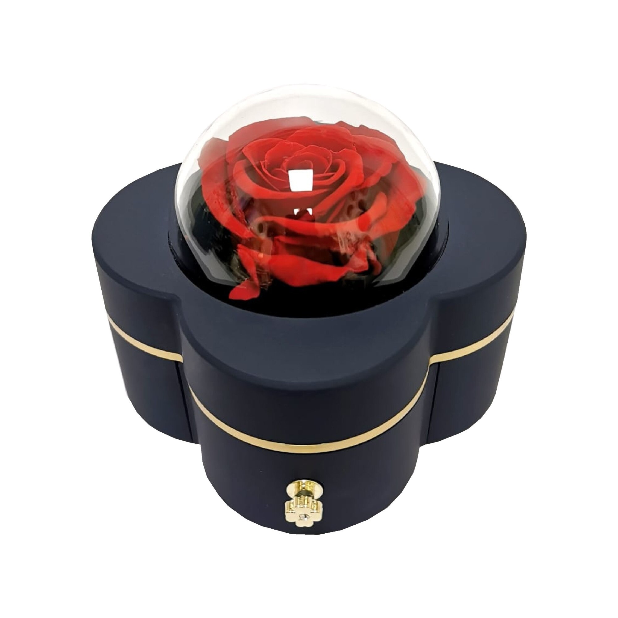 Aranjament cutie de bijuterii cu Trandafir Criogenat Rosu, D art Flowers, in cutie floare albastru inchis, 12x12x10 cm