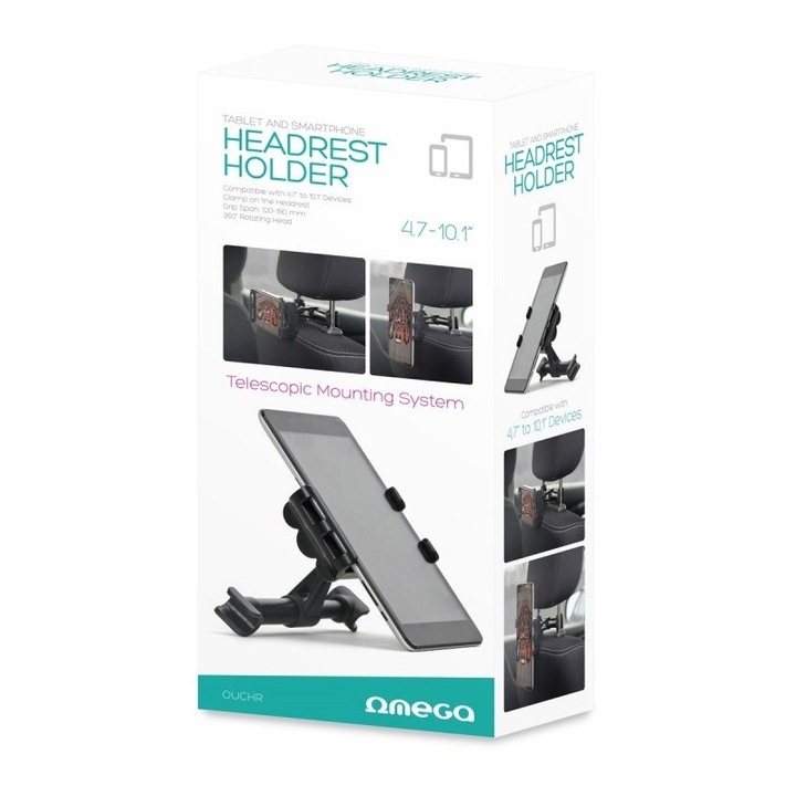 Suport pentru smartphone sau tableta pentru scaun auto, Omega Backseat, negru