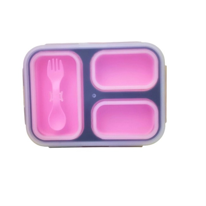 Caserola pliabila silicon Clip&Close extra-sigilare cu lingura furculita, lungime 24 cm, Pink