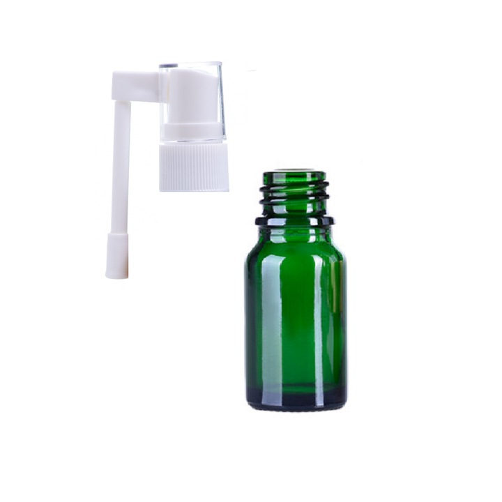 DROPY Vastag üvegtartály, illóolajokhoz, permetező mechanizmussal a nyakra, 15 ml, zöld