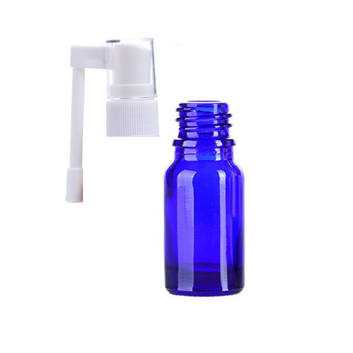 DROPY Vastag üvegtartály, illóolajokhoz, 15 ml-es, nyak permetező mechanizmussal, kék