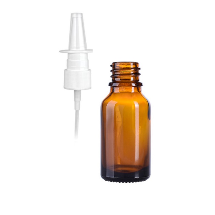 Recipient din sticla groasa pentru uleiuri esentiale cu mecanism pulverizator nazal tip spray 10 ml, maro