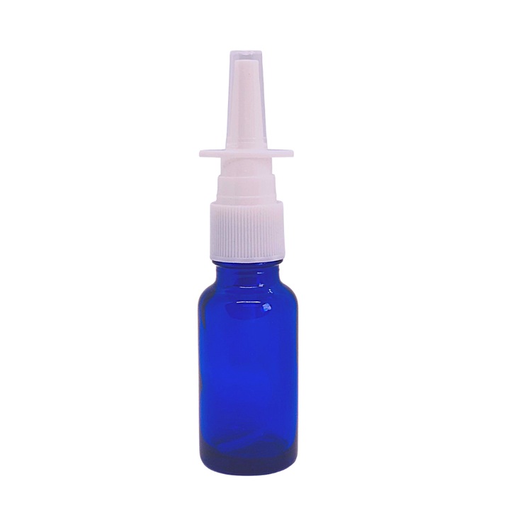 DROPY Vastag üvegtartály, illóolajokhoz, orrspray mechanizmussal, 15 ml, kék