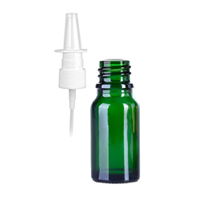 DROPY Illóolajos üveg, orrspray pumpa típusú szórófej, vastag üveg, 15 ml, zöld