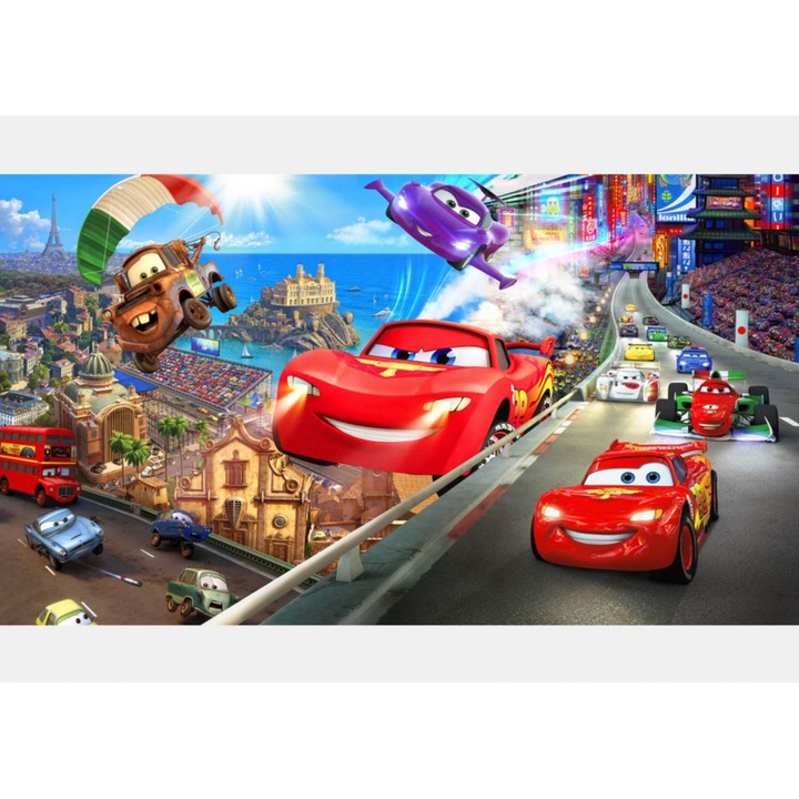 Fototapet pentru copii, Cursa de masinia cu Fulger McQueen si prietenii sai, 250 cm x 150 cm