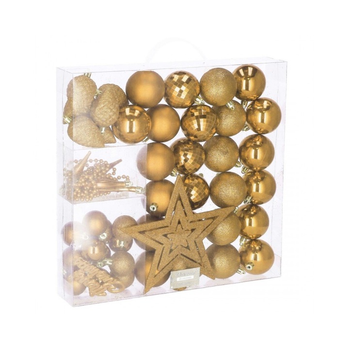 Set globuri si decoratiuni de Craciun, 51 piese, diverse dimensiuni, auriu+