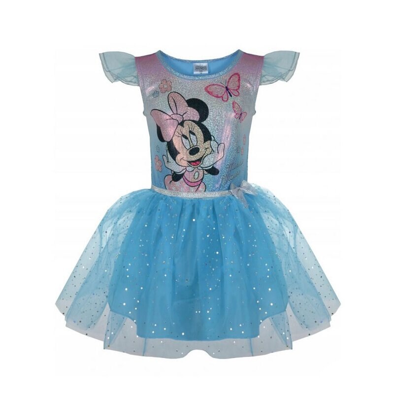 Rochie poliester, cu imprimeu, Minnie cu fluturasi, albastra