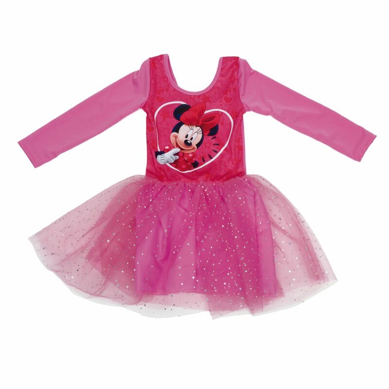 Rochie maneca lunga din poliester, cu imprimeu, Minnie cu floricele, roz