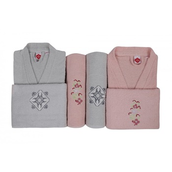 Set matrimonial 6 piese, 2 halate baie si 4 prosoape, bumbac, Cotton Box, Gri/Roz Pudra Set matrimonial 6 piese, 2 halate baie si 4 prosoape, bumbac, Cotton Box, Gri/Roz Pudra