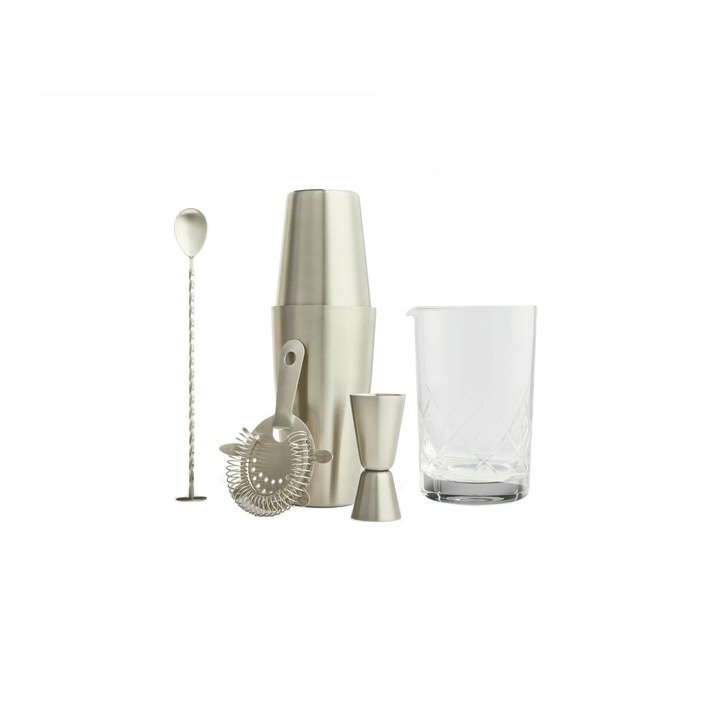 Set cocktail Mixology VonShef 1000335, 8 piese, capacitate shaker Boston 550 ml, cutie cadou, din otel inoxidabil, finisaj argintiu