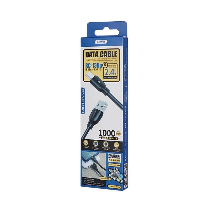 Remax adatkábel, USB- Type C, 2,4 A, 1m, fekete RC-138a